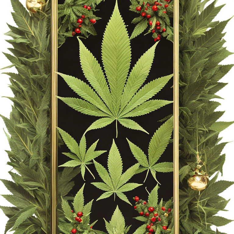 Artistic display: Cannabis leaves in varying sizes on black background with berry garlands and golden ornaments