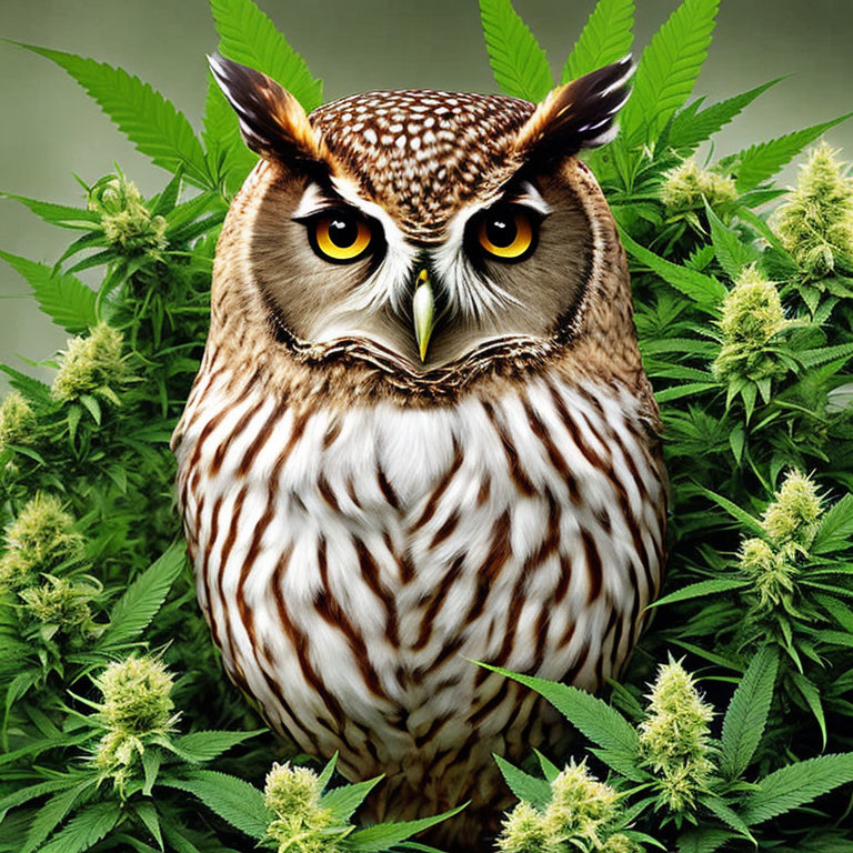 Yellow-eyed Owl Over Green Cannabis Leaves Background