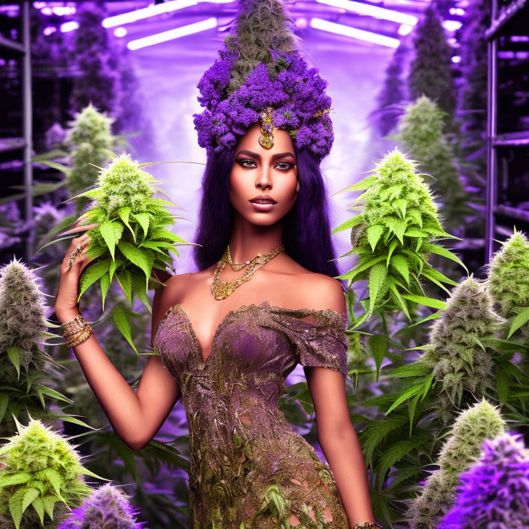 Woman in purple floral headpiece among cannabis plants under purple light wearing gold necklace and ornate dress