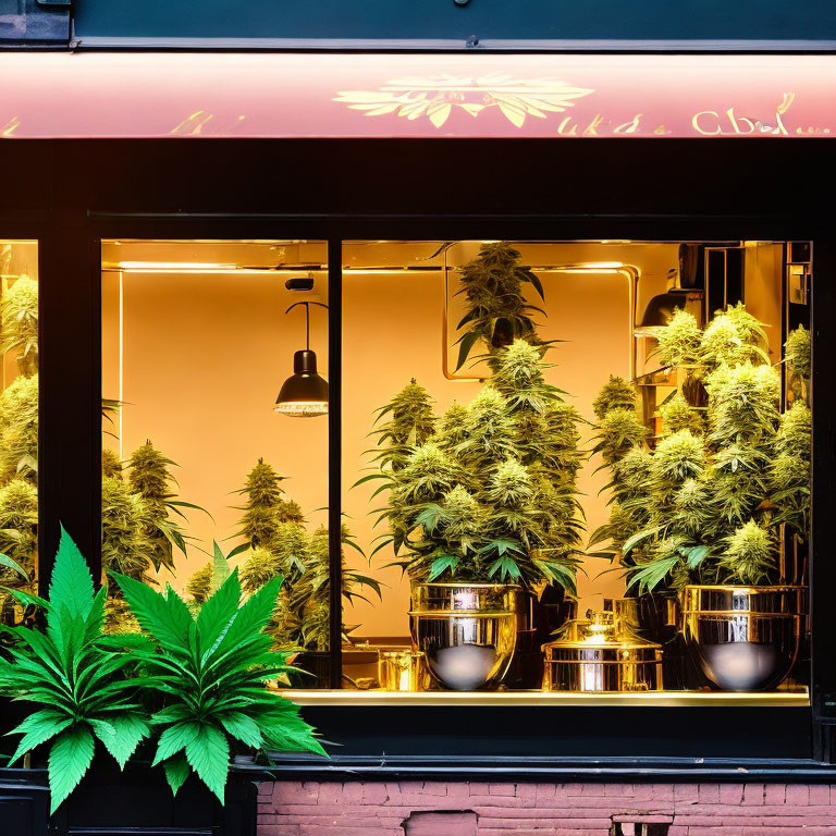 Storefront window with large cannabis plants under warm lights