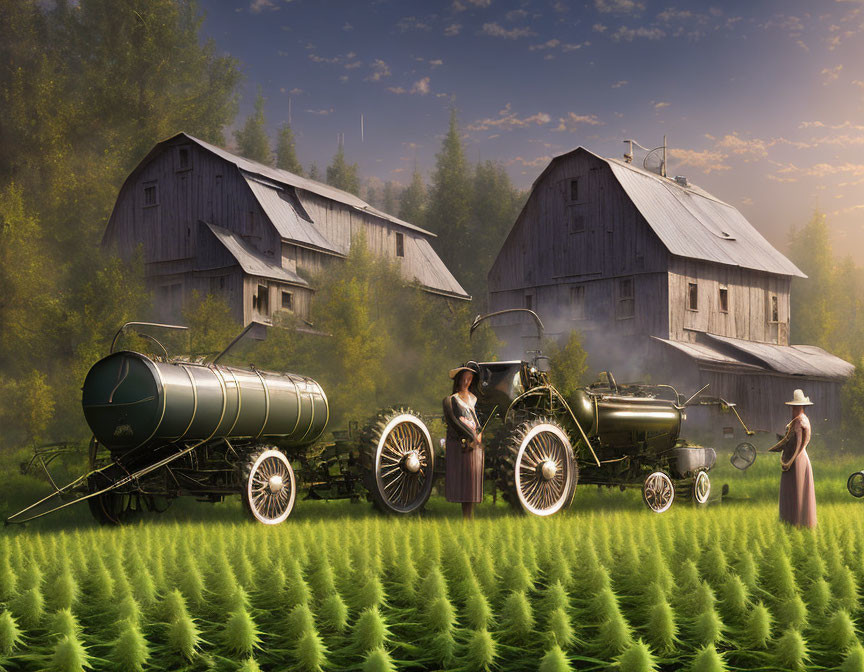 Vintage scene: Two women, old-fashioned car, water tank wagon, barn in lush green crop field