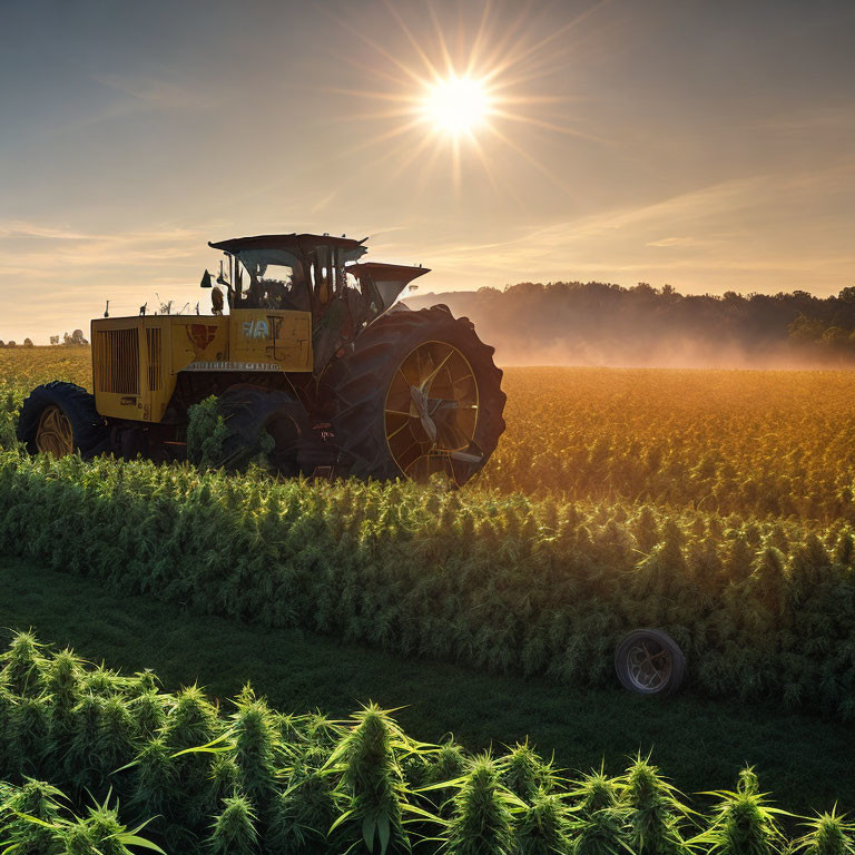 Tractor in crop field at sunset with warm glow