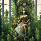 Fantasy woman in green attire surrounded by golden accessories and clocks