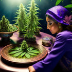 Purple Outfit Person Observing Cannabis Plants in Moody Lighting