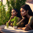 Two women with tattoos in a sunny room with lush green plants