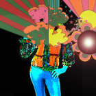 Colorful Outfit Pink-Haired Female Character with Cannabis Leaf and Glowing Circle