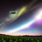 Vivid aurora borealis with UFOs in night sky