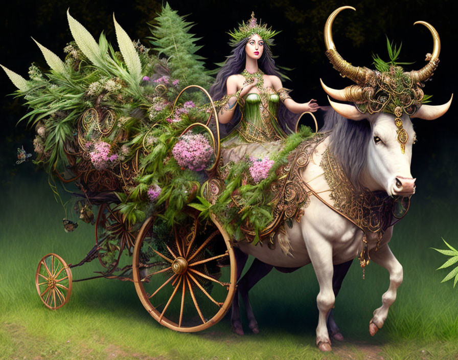 Woman in flora-themed attire on chariot pulled by ornate bull.