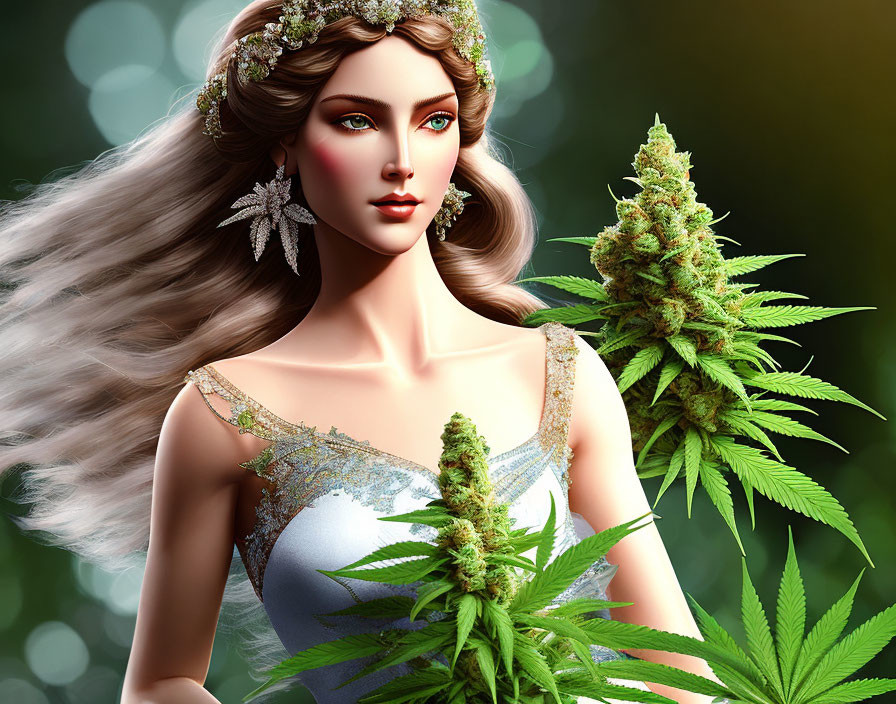 Digital artwork of elegant woman with long hair, crown, leaf-adorned dress, holding cannabis plant