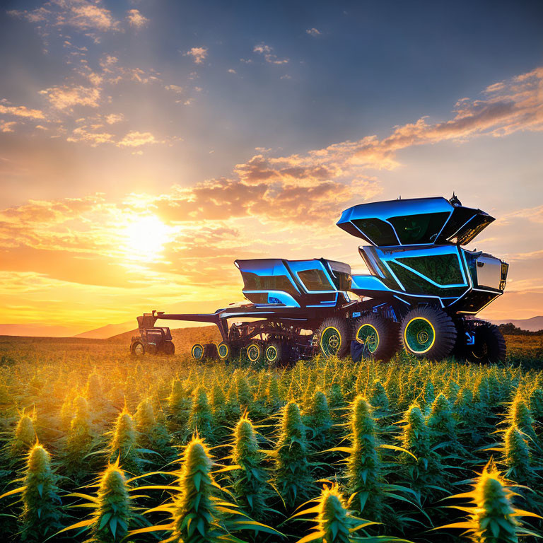 Golden field sunset: Vibrant blue skies, warm sunlight, combine harvester working