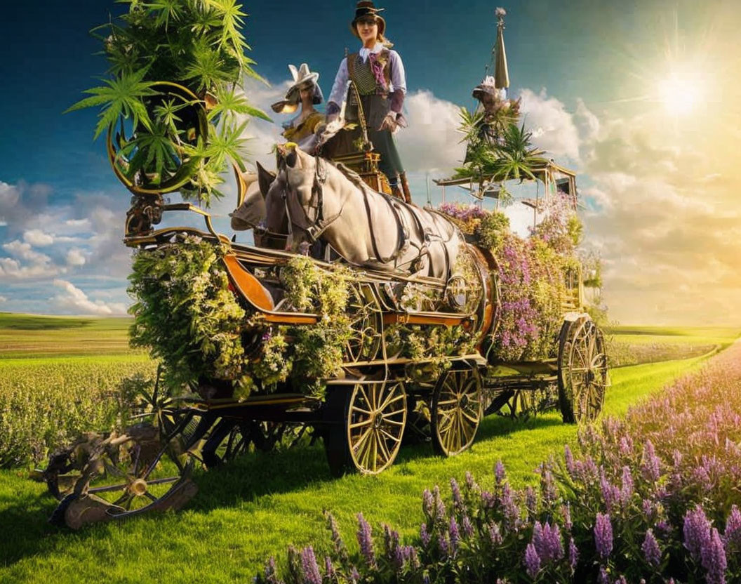 Lush plant and flower-adorned carriage with horses in vibrant field.