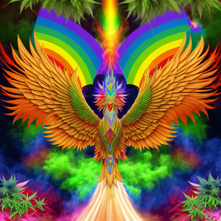 Colorful Phoenix with Rainbow and Cannabis Leaves on Fractal Background