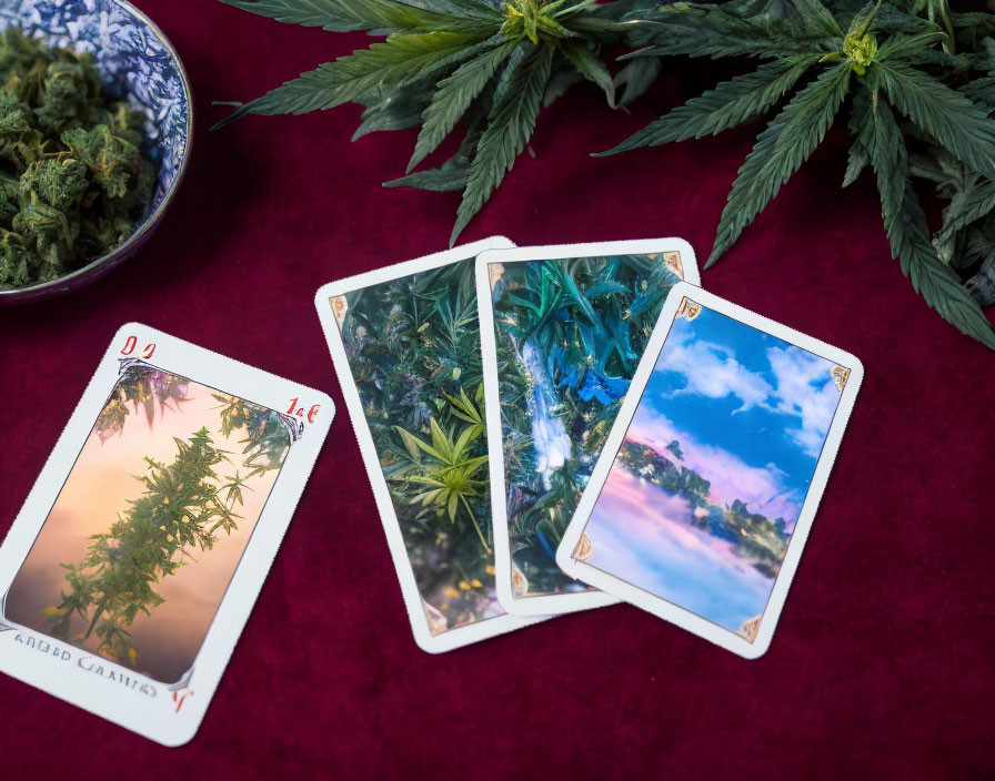 Tarot Cards Featuring Cannabis Plants on Purple Cloth
