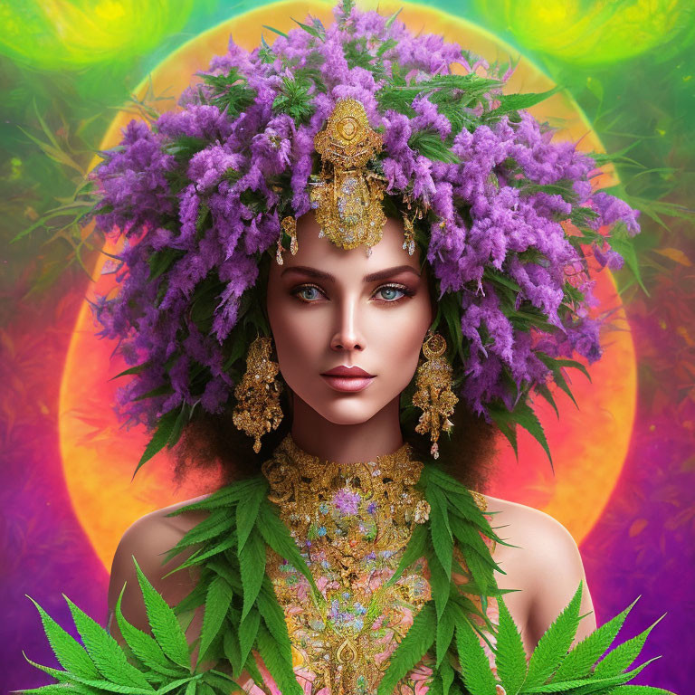 Woman with Purple Flower Headdress and Cannabis Leaves on Psychedelic Background