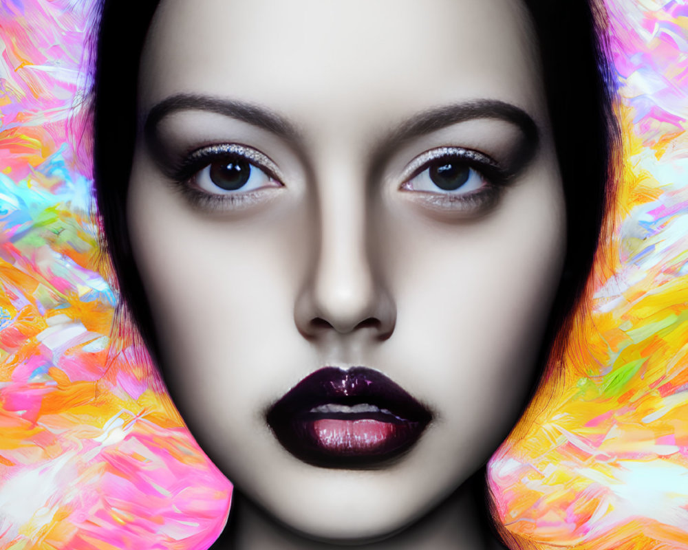 Vibrant digital portrait of a woman with dark lipstick and intense gaze