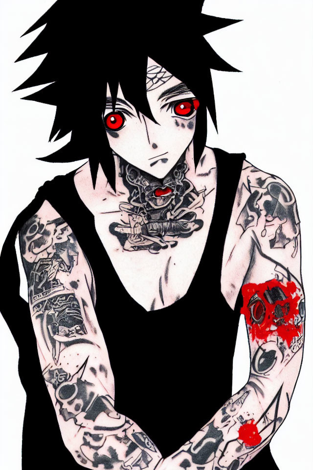 Anime-style character with spiky black hair, red eyes, and tattoos