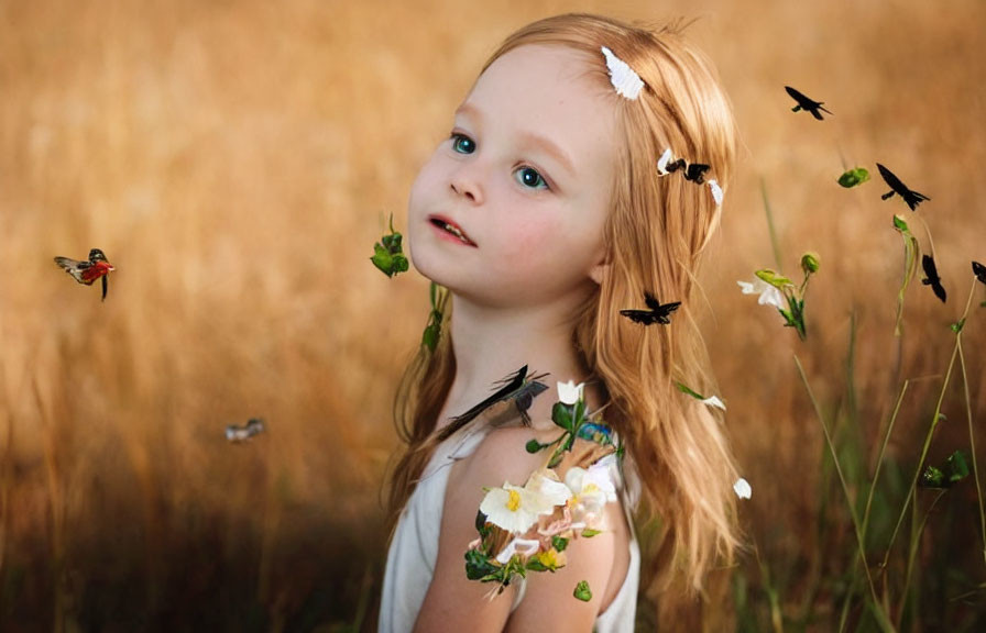 Young girl with light hair surrounded by butterflies in a golden grass field
