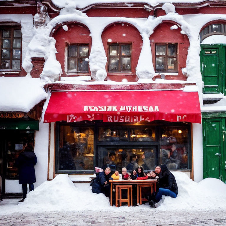 Snow-covered red facade of Russian cafe with people drinking outside