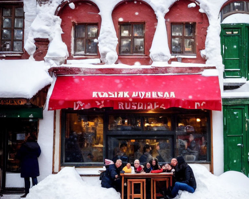Snow-covered red facade of Russian cafe with people drinking outside
