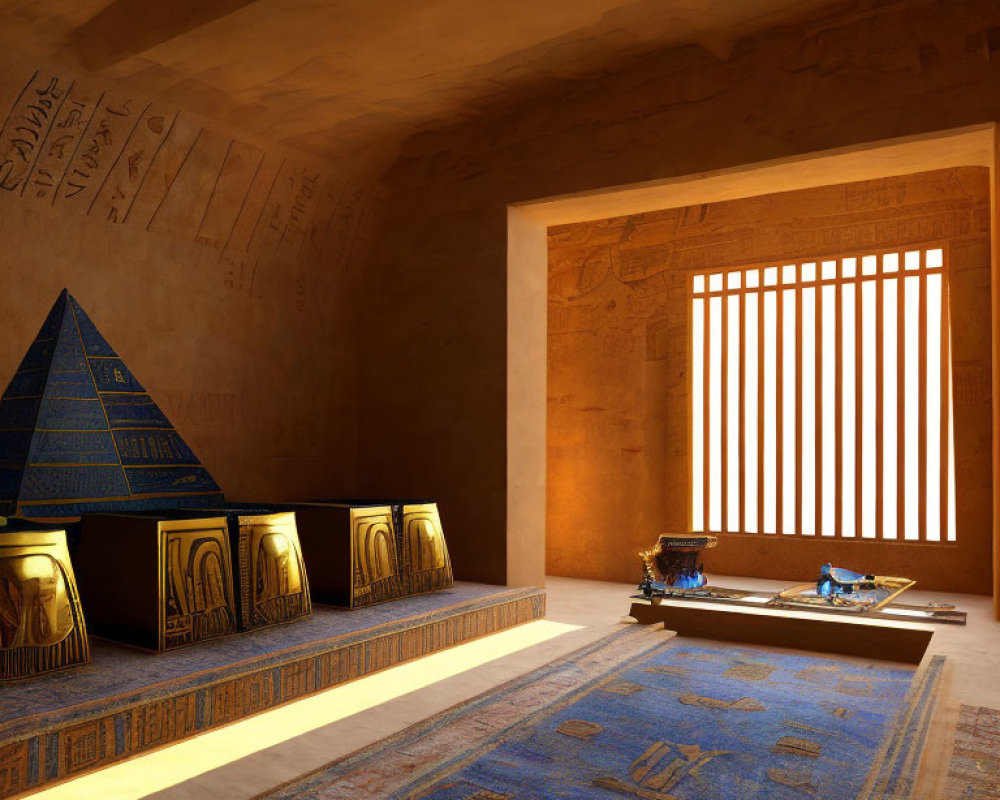 Digital artwork: Ancient Egyptian-themed room with hieroglyphs, artifacts, pyramid model, and sunlight