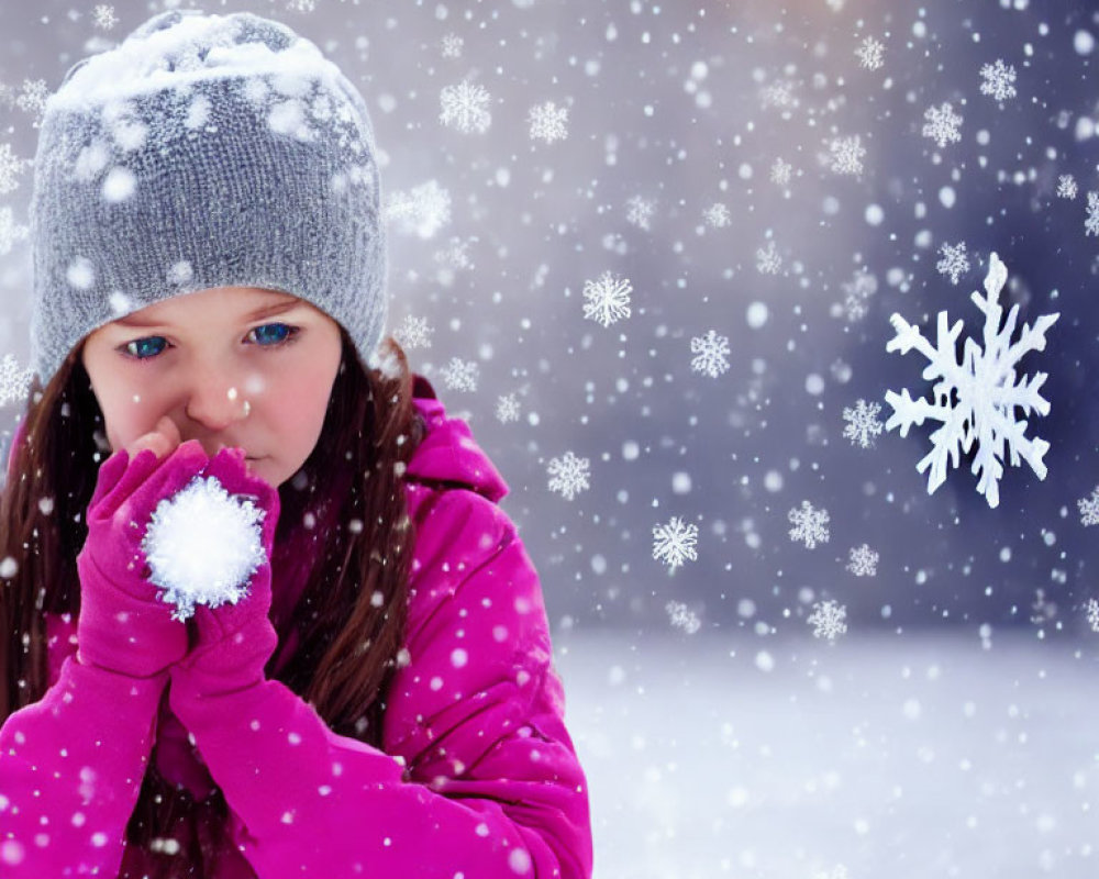 Girl in Pink Jacket Holding Snowball with Falling Snowflakes