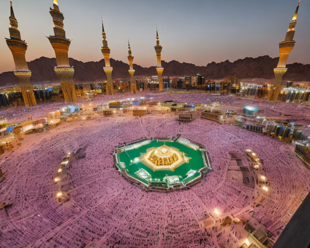 Aerial view of crowded pilgrims circling Kaaba at Masjid al-Haram.