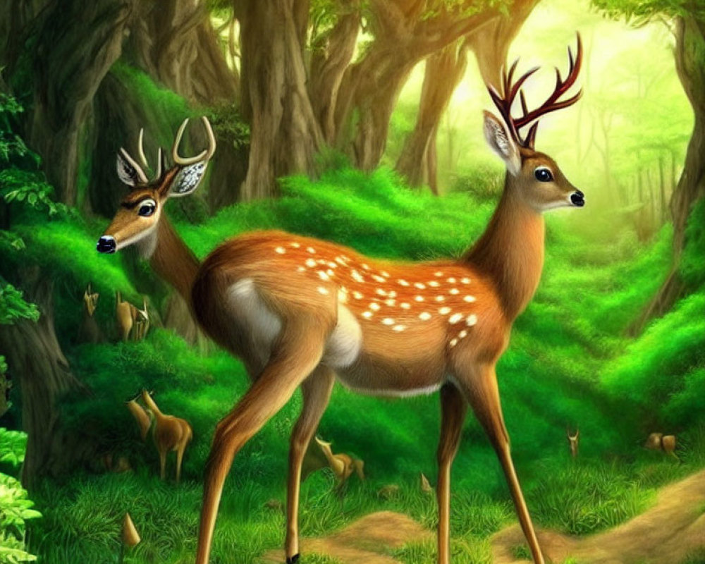 Spotted deer in vibrant green forest with sun rays