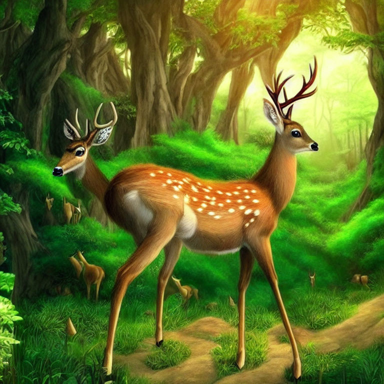 Spotted deer in vibrant green forest with sun rays