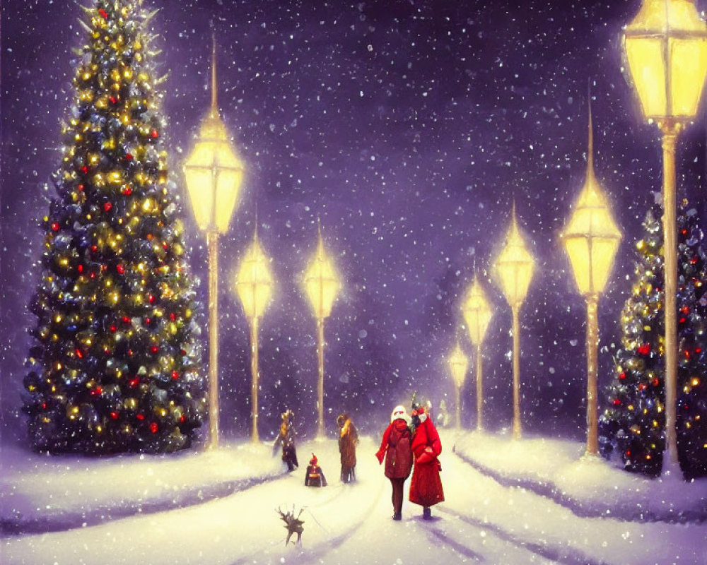 Winter Scene with People, Dog, and Christmas Tree in Snowfall