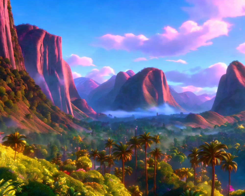 Colorful animated landscape with towering cliffs, misty valleys, lush greenery, and palm trees under
