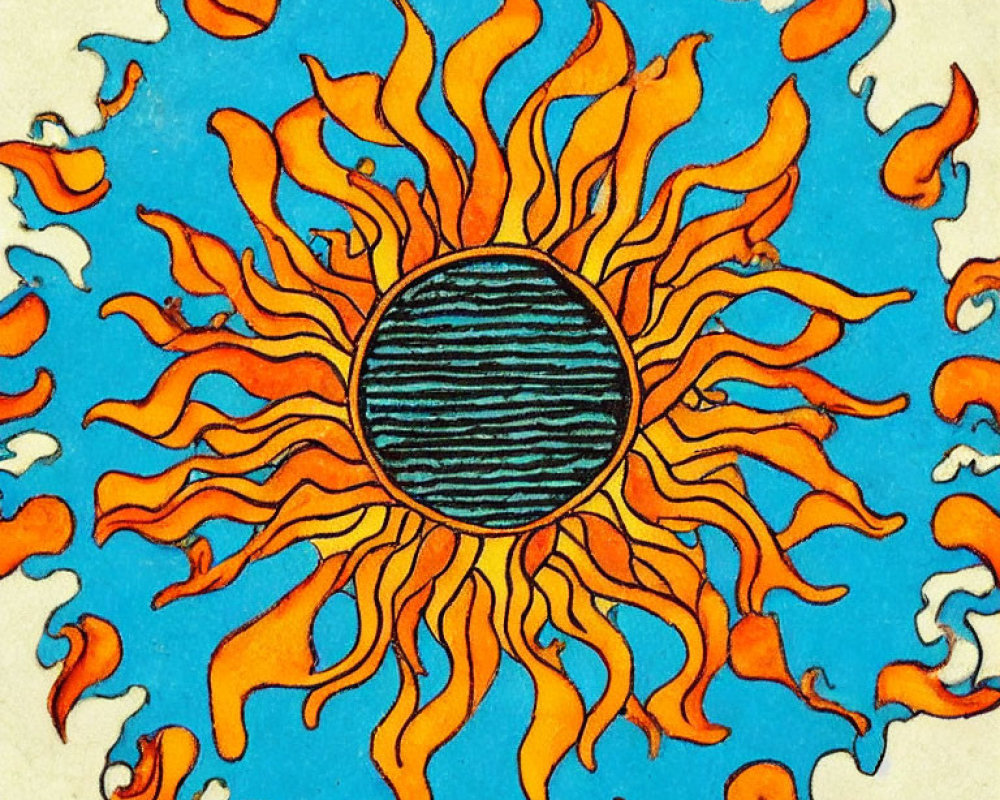 Colorful Stylized Sun Illustration with Blue and Striped Center