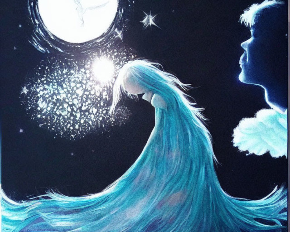 Fantastical painting of silhouetted figure gazing at glowing moon