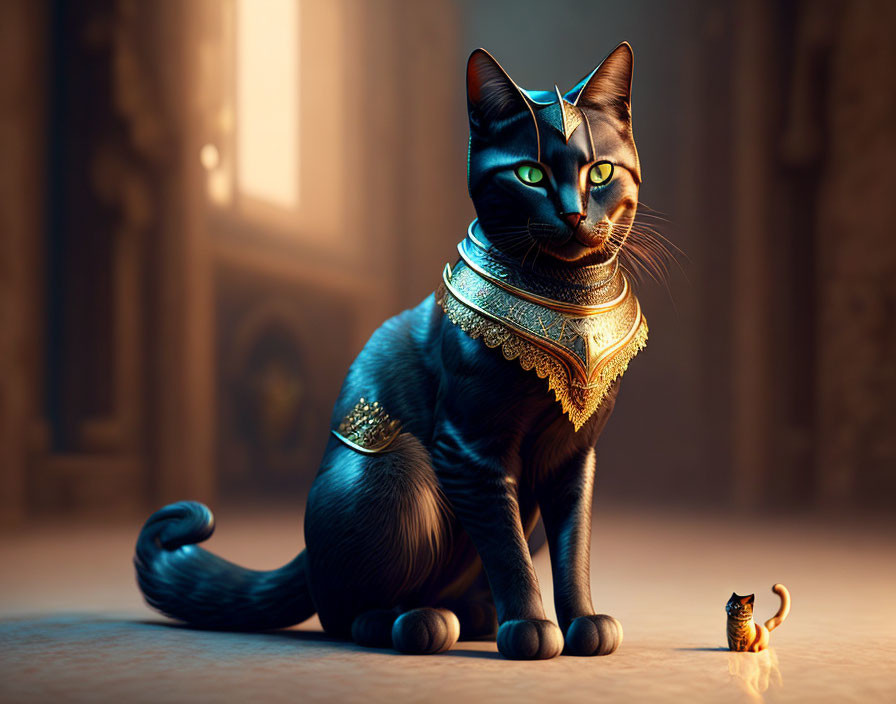 Regal black cat with golden crown and collar beside smaller cat in warm room