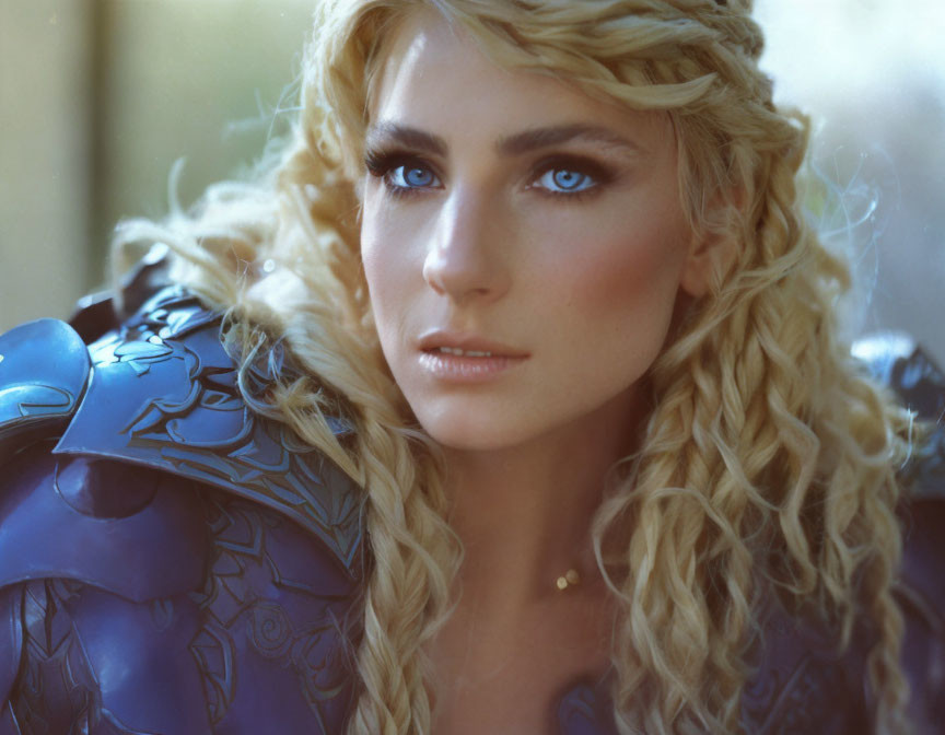 Blonde woman in blue armor with curly hair and blue eyes.