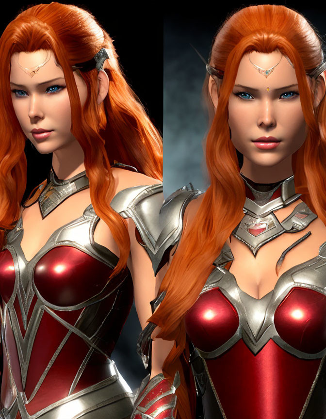 Digital artwork: Woman in red hair & fantasy armor, two portraits - soft & intense.