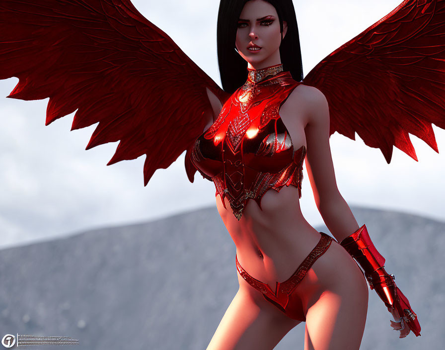 Digital artwork of female character with red wings and armor bikini in mountainous setting