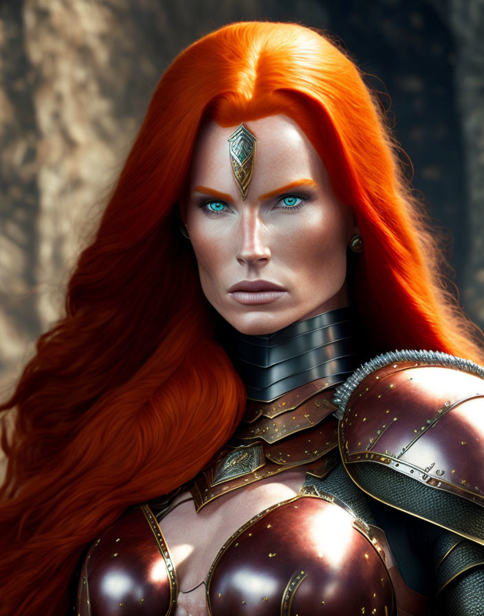 Digital artwork of fierce female warrior with red hair and fantasy armor