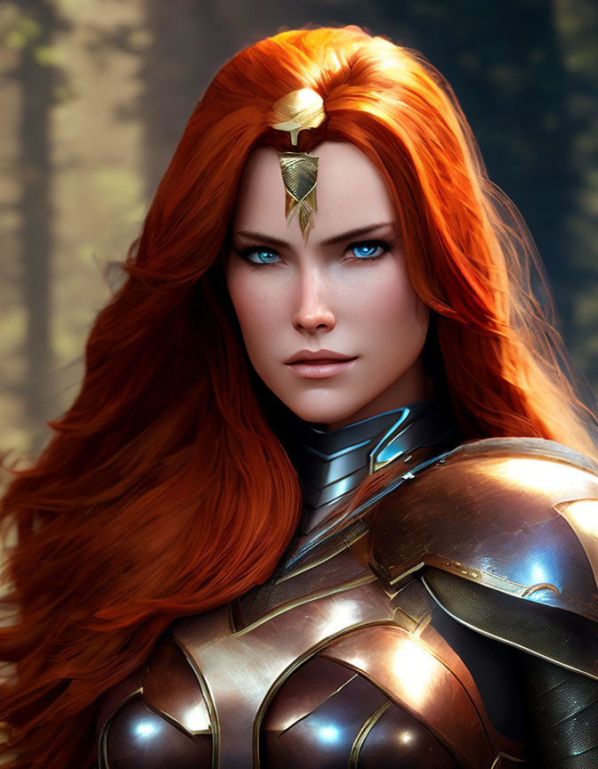 Digital artwork featuring woman with red hair, blue eyes, golden armor, and floral tiara.