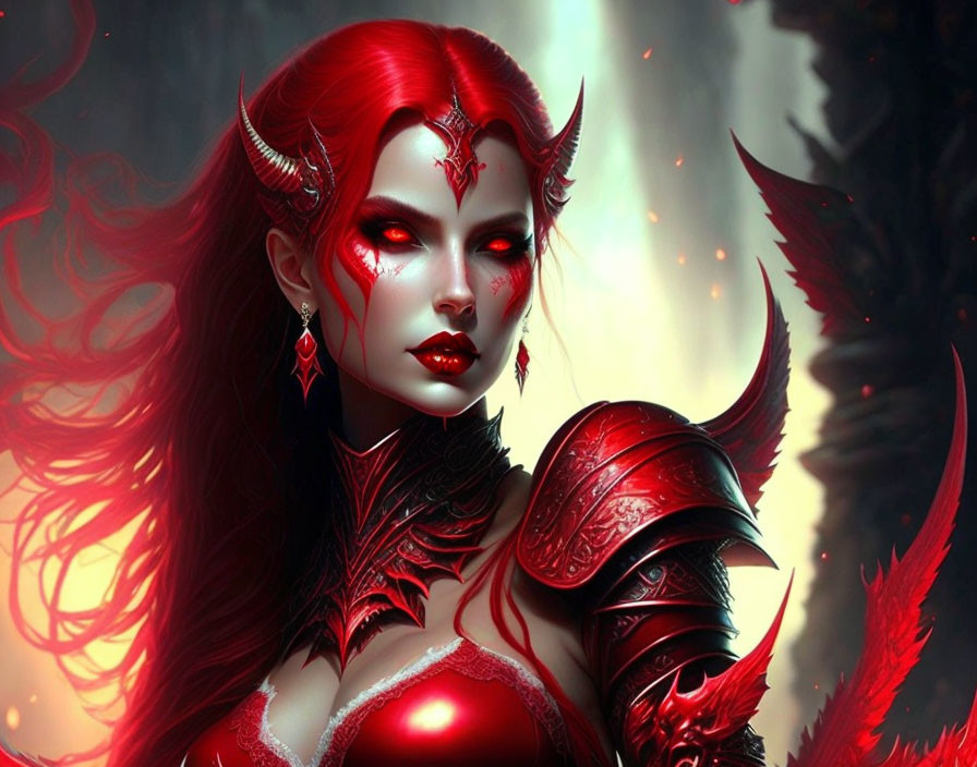 Red-haired female fantasy character with horns, red eyes, ornate armor, mystical red aura in dark