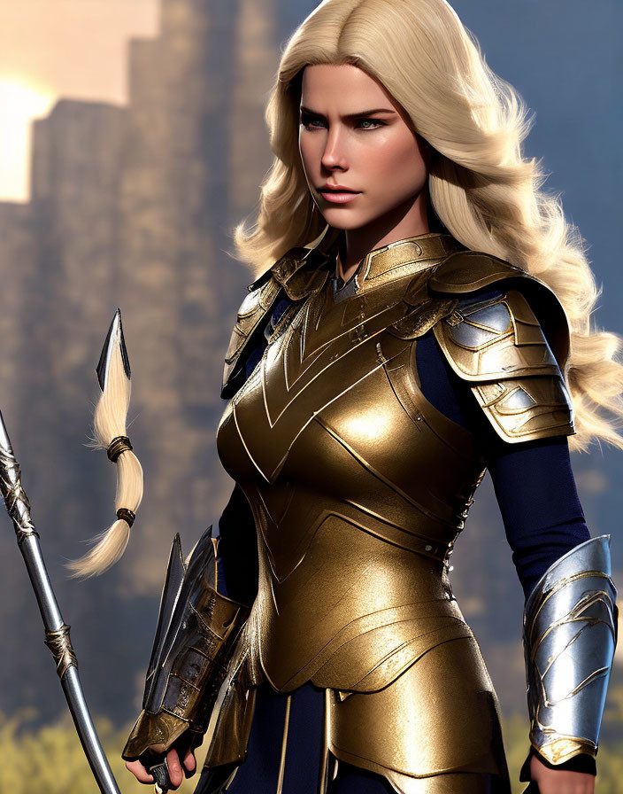 Female warrior in golden armor with spear on sunset battlefield.
