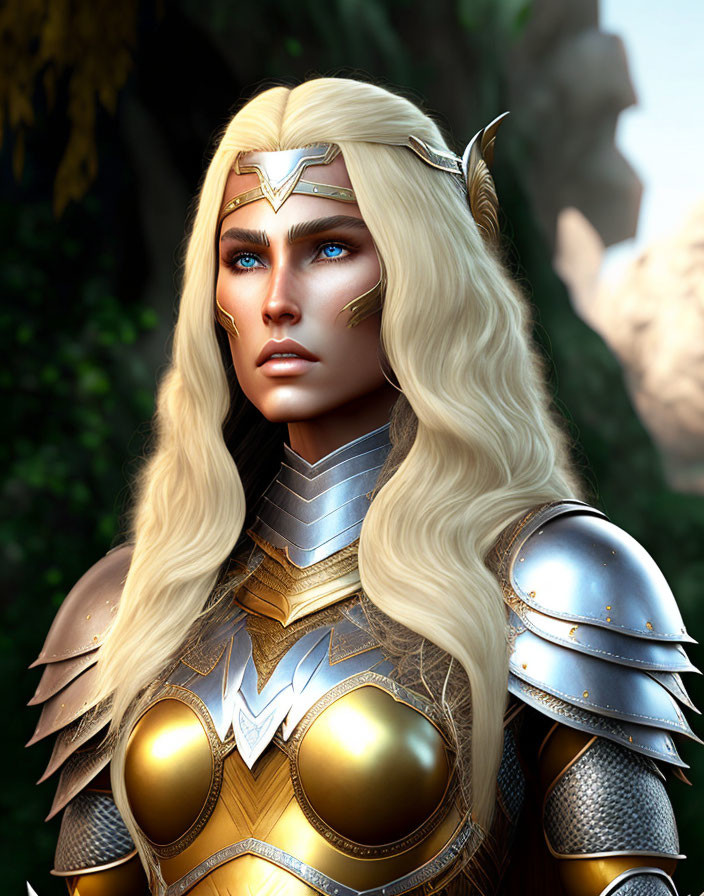 Blonde-haired fantasy warrior in golden armor with blue eyes and circlet