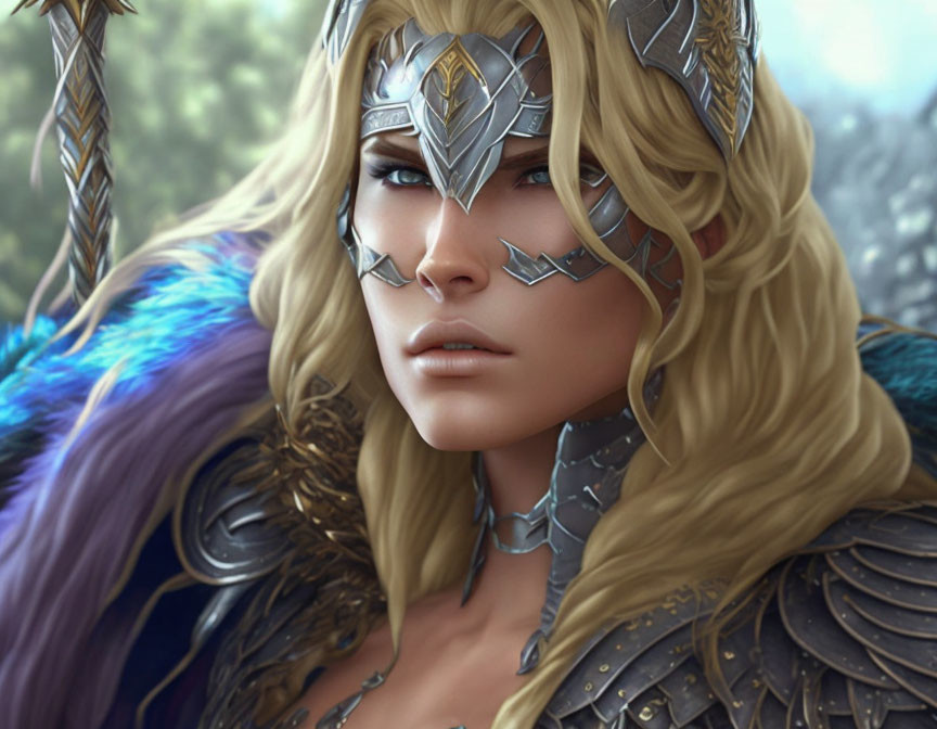 Fantasy female warrior with blonde hair in silver armor and blue cloak in forest.