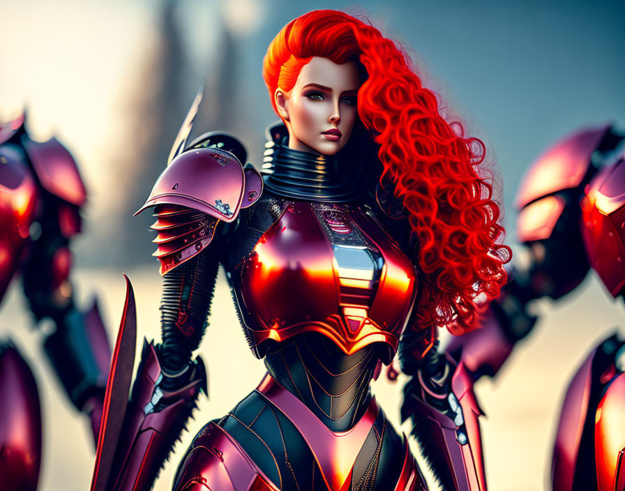 Red-haired female warrior in futuristic red armor with armored figures in blurred natural backdrop.