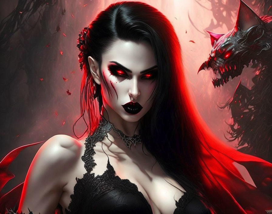 Pale-skinned female character in gothic attire with red eyes and black lipstick, accompanied by a menacing