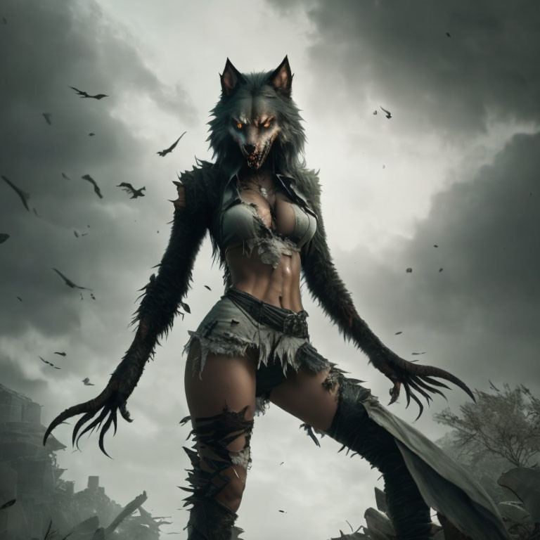 Menacing werewolf figure under gloomy sky surrounded by circling birds