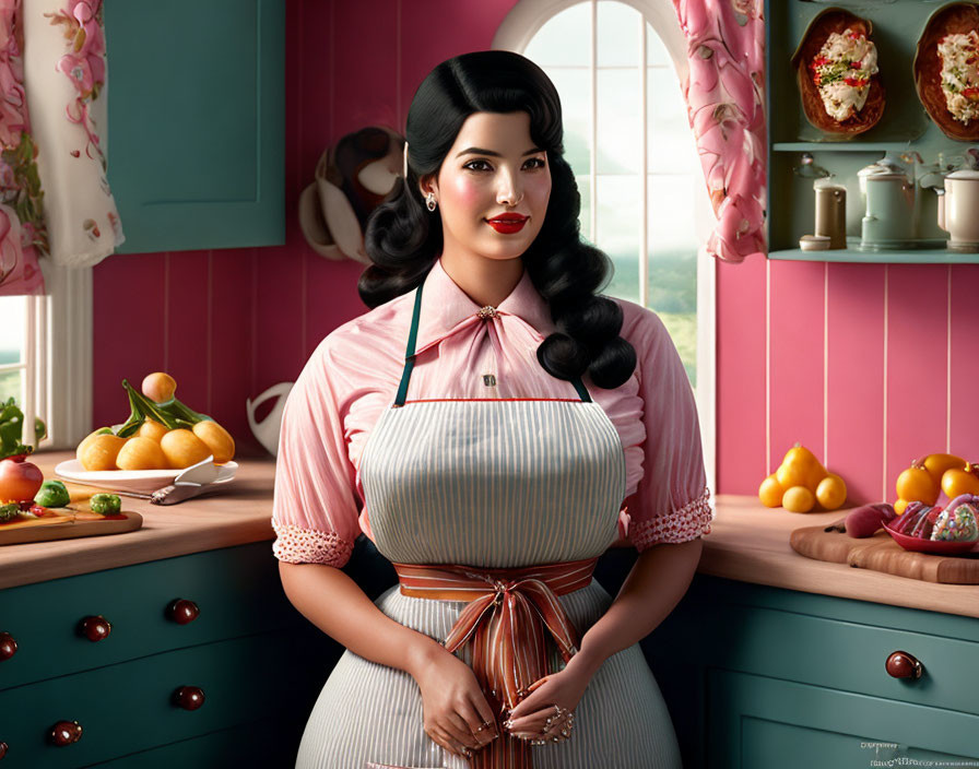 Vintage apron woman in retro kitchen with pink and teal backdrop and kitchenware.