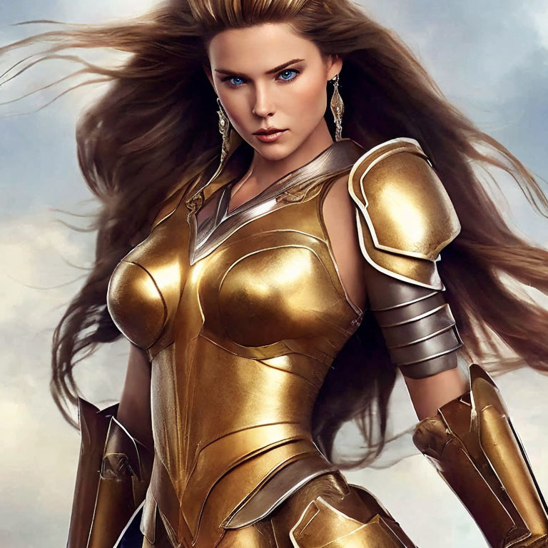 Striking blue-eyed woman in golden warrior armor