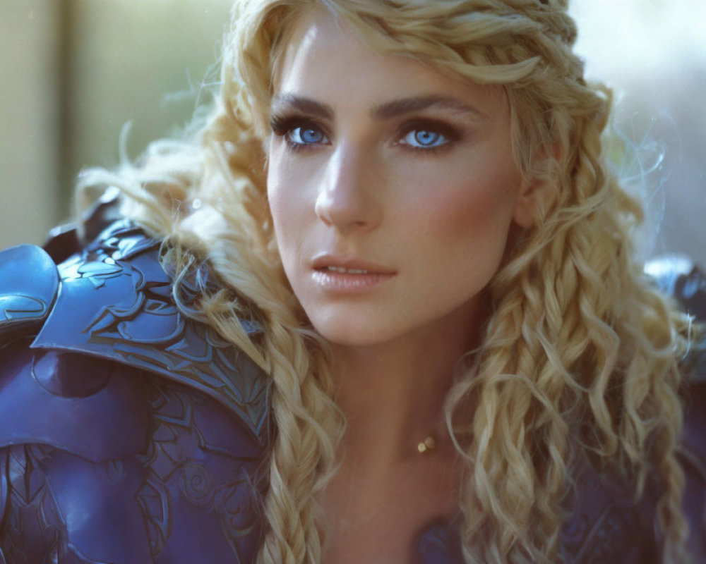 Blonde woman in blue armor with curly hair and blue eyes.