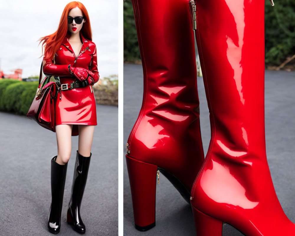 Person in Red Attire with Thigh-High Boots and Sunglasses Holding Bag, Close-Up of