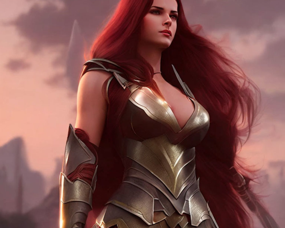 Digital Artwork: Female Warrior in Silver and Gold Armor with Red Hair